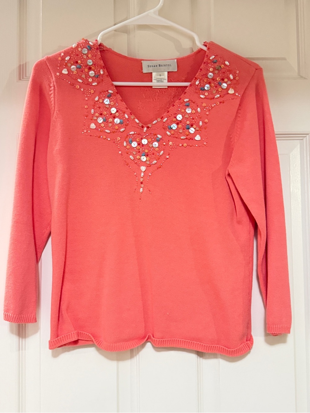 Susan Bristol Coral Embellished V-Neck Sweater